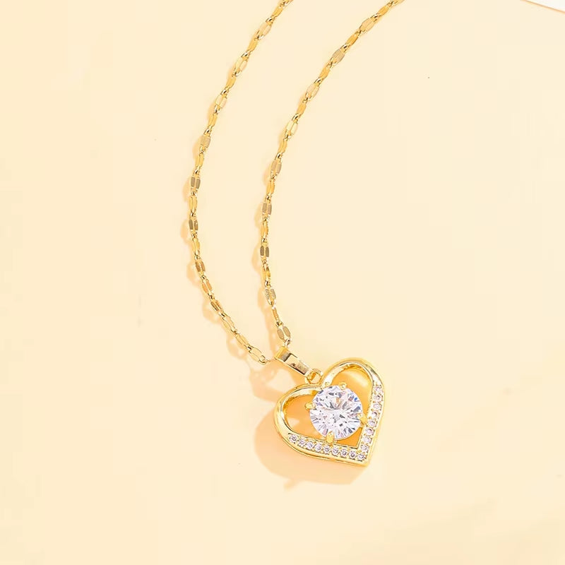 Htpwe Artificial Gems Heart Pendant Necklace for Women Golden Stainless Steel Lips Neck Chain Female Necklaces Jewelry for Girl