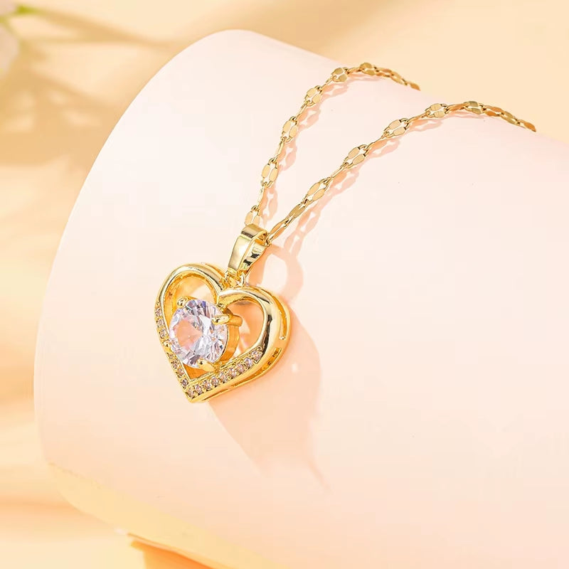 Htpwe Artificial Gems Heart Pendant Necklace for Women Golden Stainless Steel Lips Neck Chain Female Necklaces Jewelry for Girl
