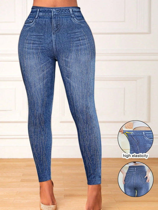 Women Leggings Seamless High Elastic Pants Denim Effect Tight Gym Running Slim Pants High Waist Casual Trousers Streetwear Leggings